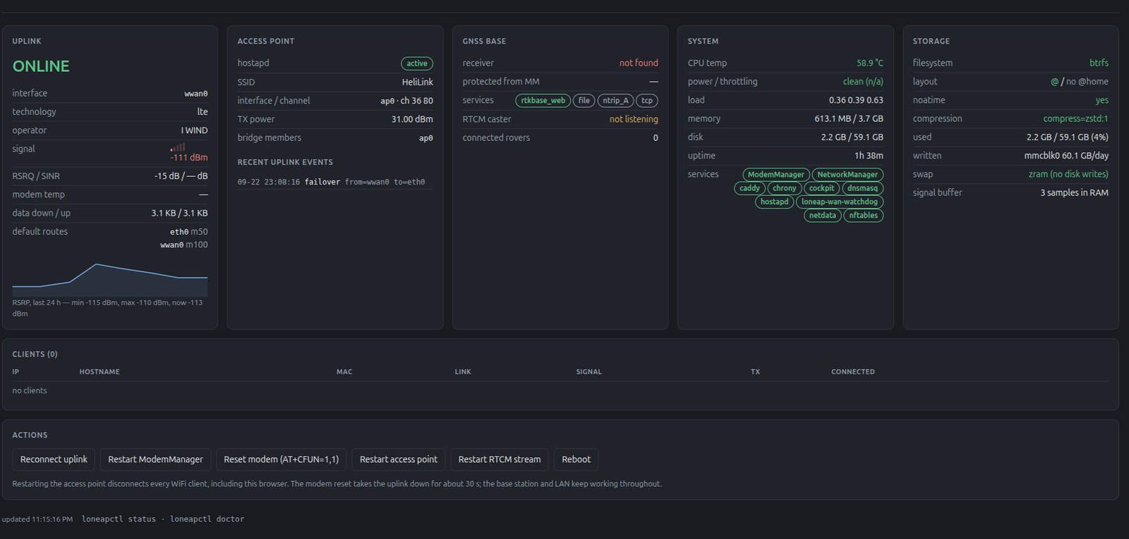 Status page for a single field unit, showing uplink, access point, GNSS base, system health and storage, with 
