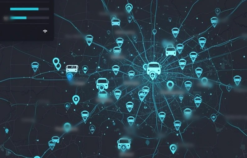Stylised map of a distributed fleet, each unit shown at its last reported position.