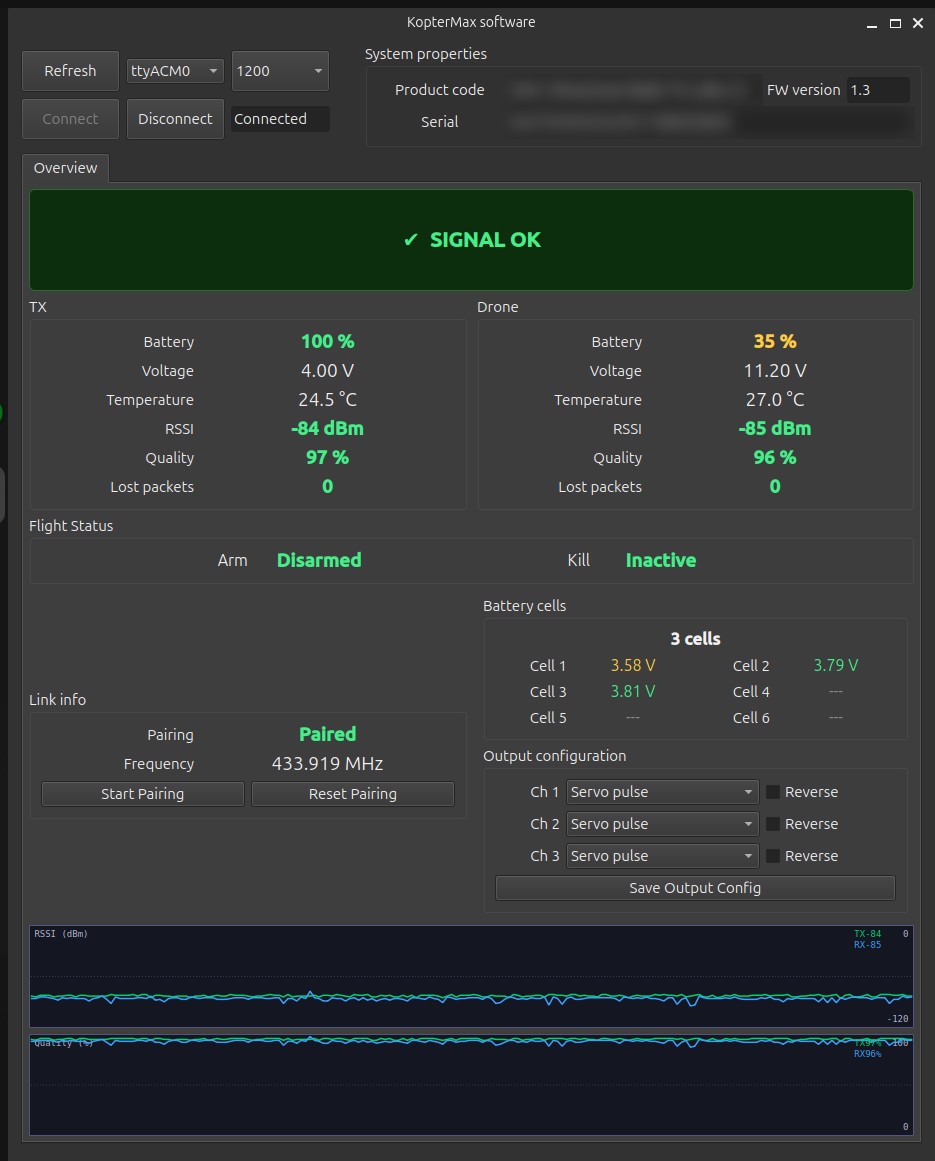 Ground software for a parachute release radio link, showing link status, battery, arm and kill state.