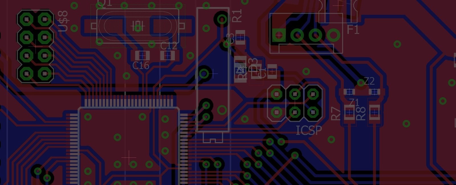 Circuit board layout for a KopterMax flight avionics module, routed copper on both layers.